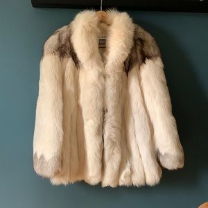 Saga Furs Fox Blue Shadow Fox Real Fur Coat in White with Dark Shoulder